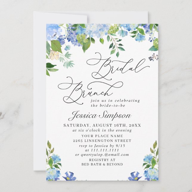 Invitation Elégant Blue Hydrangea Watercolor Brunch nuptial (Devant)