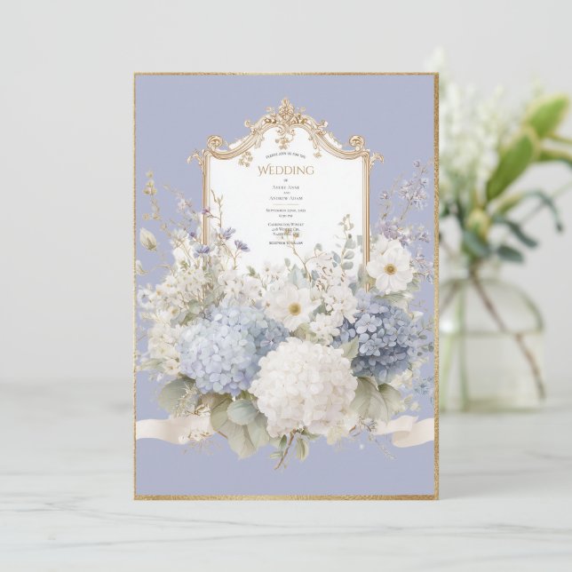 Invitation Elegant Blue Hydrangeas Lavender Vintage Wedding (Debout devant)