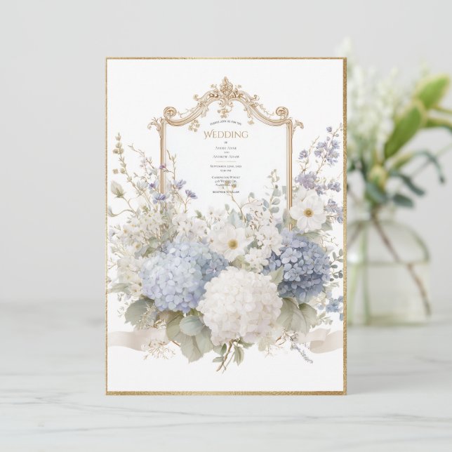 Invitation Elegant Blue Hydrangeas Vintage Wedding (Debout devant)
