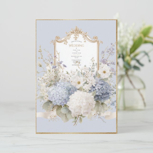 Invitation Elegant Blue Hydrangeas Vintage Wedding (Debout devant)