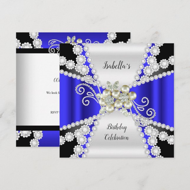 Invitation Elégant Blue Pearl Black White Diamond Anniversair (Devant / Derrière)