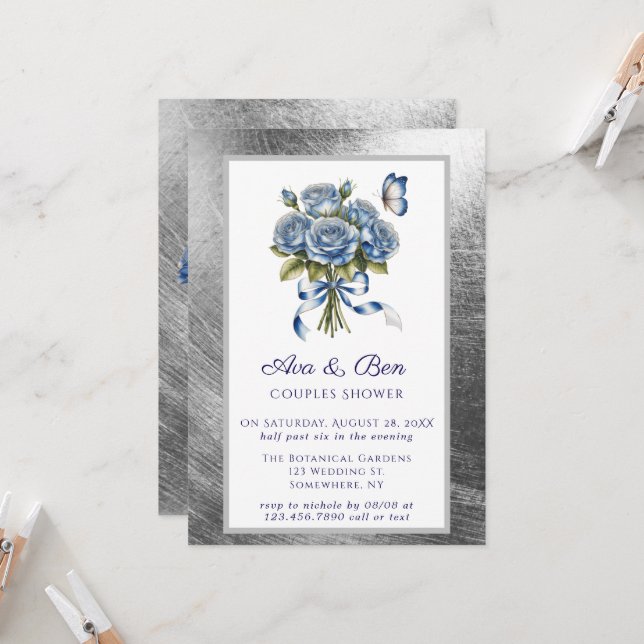 Invitation Elegant Blue Roses Butterfly Silver Couples Shower (Devant/Arrière en situation)