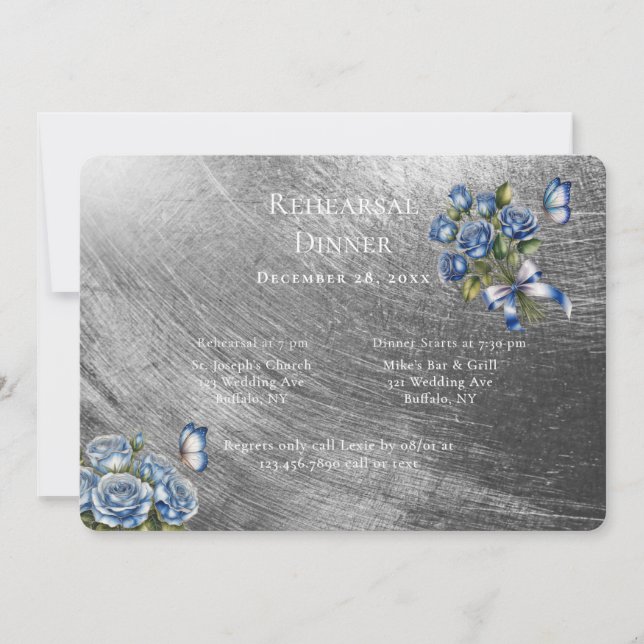 Invitation Elegant Blue Roses Silver Rehearsal Dinner (Devant)