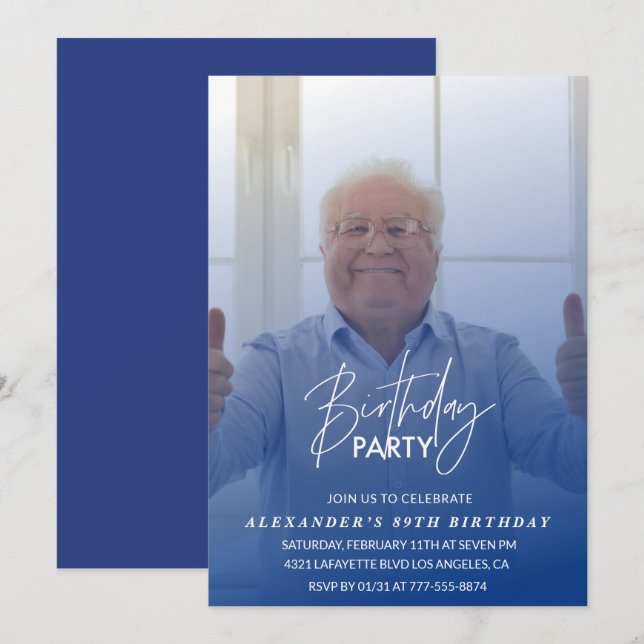 Invitation Elégant Blue Shadow Photo Hommes fête de 89e anniv (Devant / Derrière)