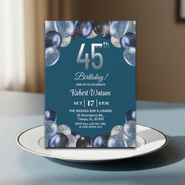 Invitation Elegant Blue Silver Glitter 45th Birthday Party (Créateur téléchargé)