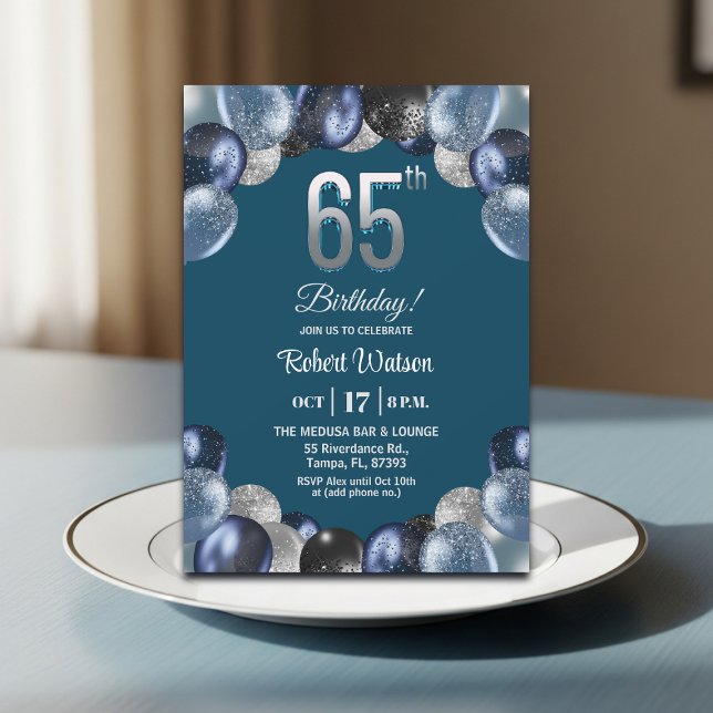 Invitation Elegant Blue Silver Glitter 65th Birthday Party (Créateur téléchargé)