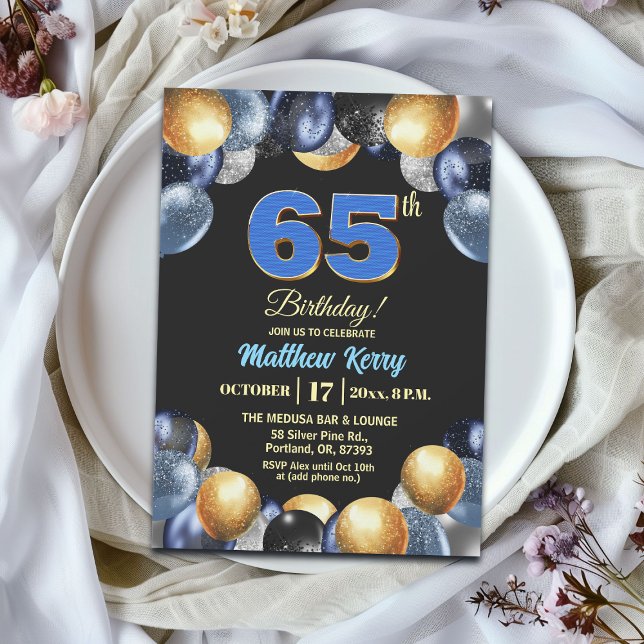 Invitation Elegant Blue Silver Gold 65th Birthday Party (Créateur téléchargé)