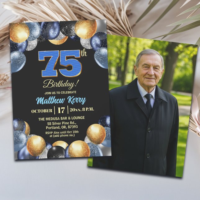 Invitation Elegant Blue Silver Gold 75th Birthday Photo (Créateur téléchargé)
