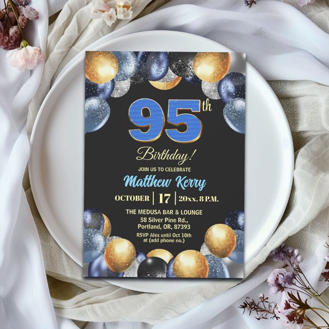 Invitation Elegant Blue Silver Gold 95th Birthday Party (Créateur téléchargé)