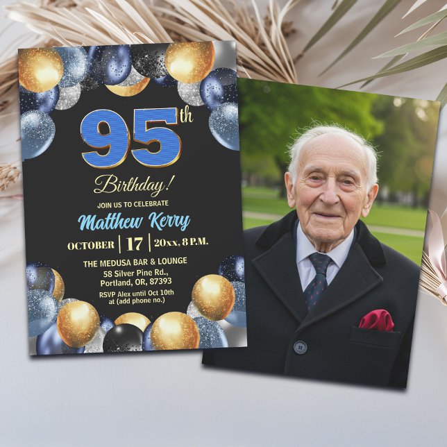 Invitation Elegant Blue Silver Gold 95th Birthday Photo  (Créateur téléchargé)