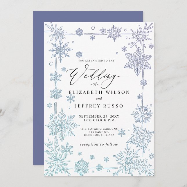 Invitation Elegant Blue snowflakes Winter Wedding (Devant / Derrière)