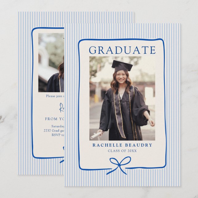 Invitation Elegant Blue Stripes Bow Frame Graduation Party (Devant / Derrière)