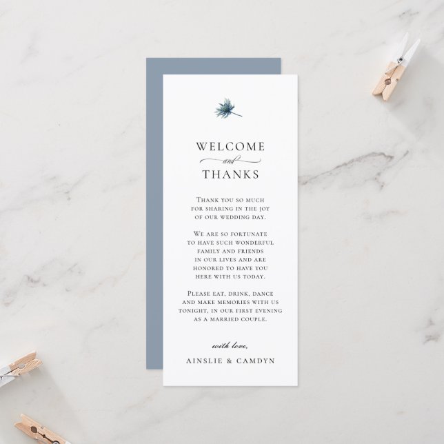Invitation Elegant Blue Thistle Botanical Thank You Card (Devant/Arrière en situation)