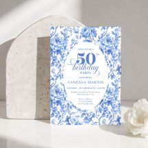 Elegant Blue Toile Rose Floral 50th Birthday Invit