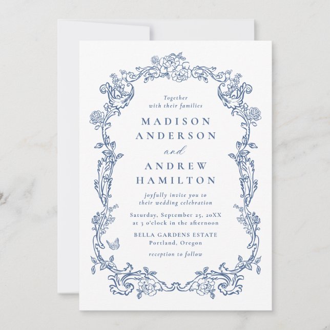 Invitation Elegant Blue Victorian Floral All in One Wedding (Devant)