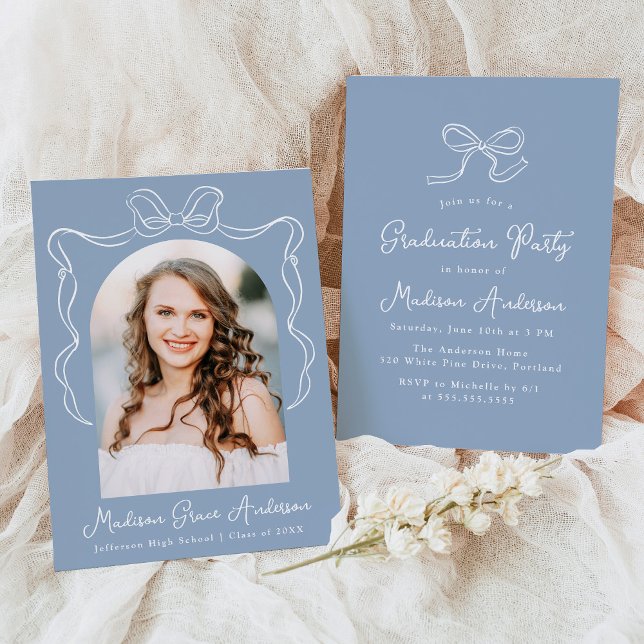 Invitation Elégant Blue Vintage Bow Photo Party Graduation (Créateur téléchargé)