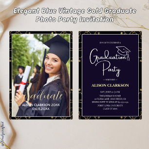 Invitation Elégant Blue Vintage Gold Graduate Photo Party