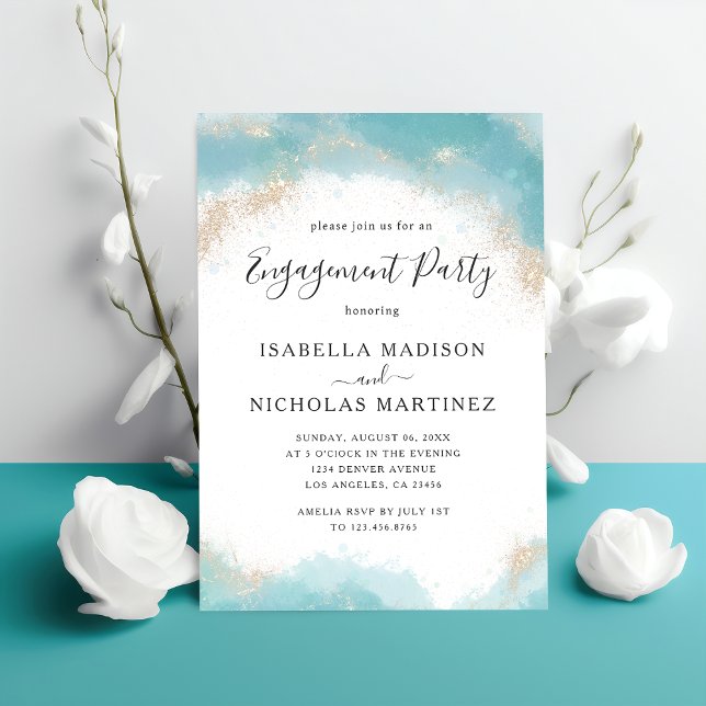 Invitation Elégant Blue Watercolor Gold Engagement Party (Créateur téléchargé)