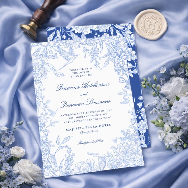 Invitation Elegant Blue & White Botanical Bird Wedding  (Créateur téléchargé)