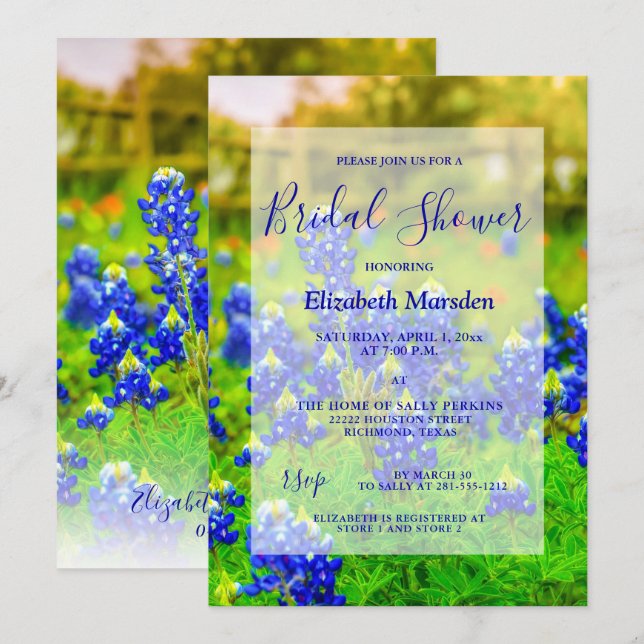 Invitation Elégant Bluebonnets Floral Photo Fête des mariées (Devant / Derrière)