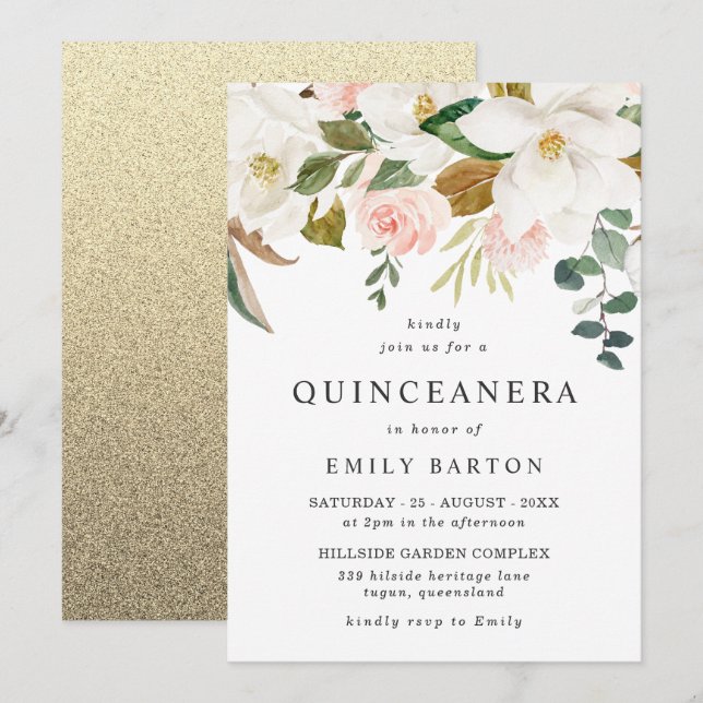 Invitation Elégant Blush blanc Floral Quinceanera 15ème parti (Devant / Derrière)