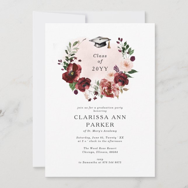 Invitation Élégant Blush Bourgogne Floral Wreath Graduation (Devant)