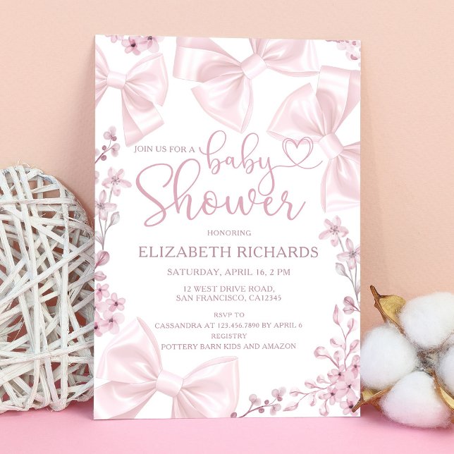 Invitation Elégant Blush Bow thème Baby shower fille (Créateur téléchargé)