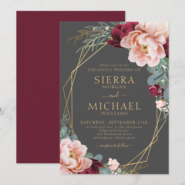 Invitation Elégant Blush Burgundy Grey Gold Peony Mariage (Devant / Derrière)