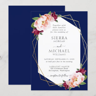 Invitation Elégant Blush Burgundy Navy Blue Gold Mariage