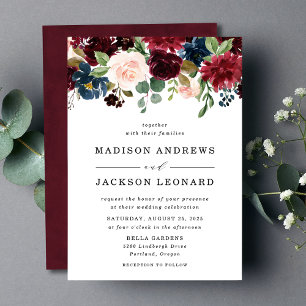 Invitation Élégant Blush Burgundy Navy Mariage floral