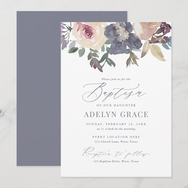 Invitation Élégant Blush et Marine Floral Girl Baptism (Devant / Derrière)