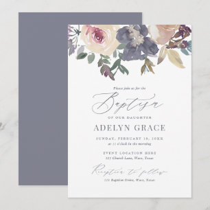 Invitation Élégant Blush et Marine Floral Girl Baptism