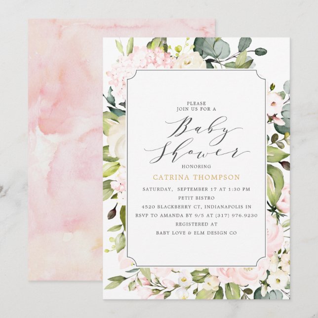 Invitation Élégant Blush Floral et Baby shower Eucalyptus (Devant / Derrière)