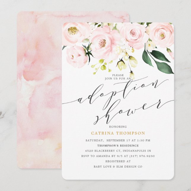 Invitation Elégant Blush Floral et verdure Adoption douche (Devant / Derrière)