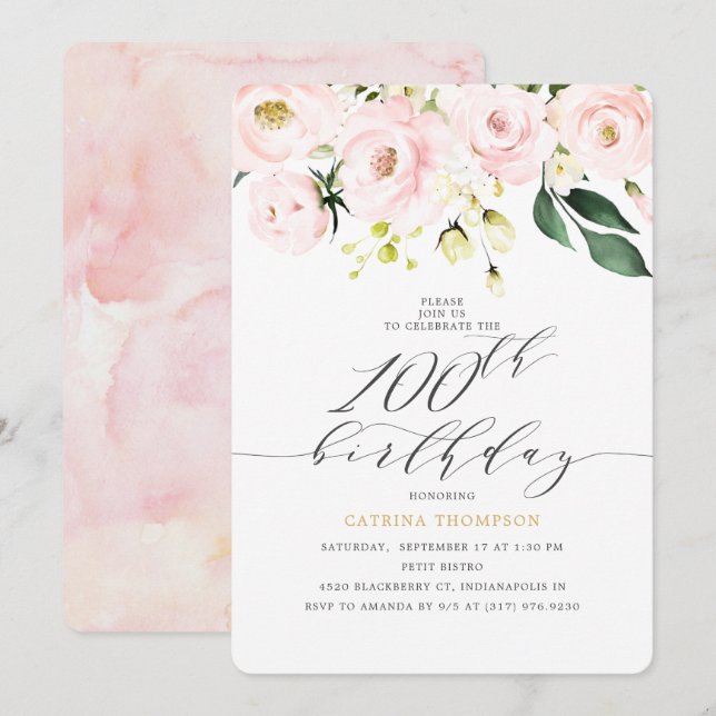 Invitation Elégant Blush Floral Eucalyptus 100e anniversaire (Devant / Derrière)