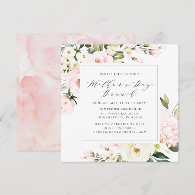 Invitation Elégant Blush Floral Greenery Fête des Mères Brunc (Devant / Derrière)