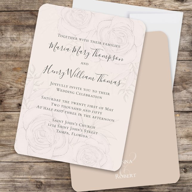 Invitation Élégant Blush Floral Mariage Script Formel (Blush floral wedding invitation with a nude beige back.)