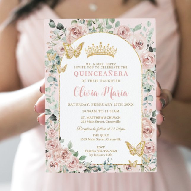 Invitation Élégant Blush Floral Papillons Or Quinceañera (Créateur téléchargé)