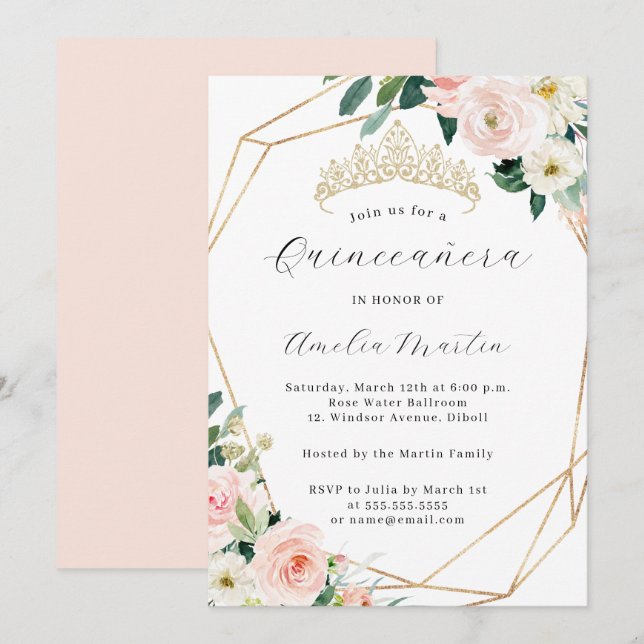 Invitation Elégant Blush Floral Tiara Quinceanera géométrique (Devant / Derrière)