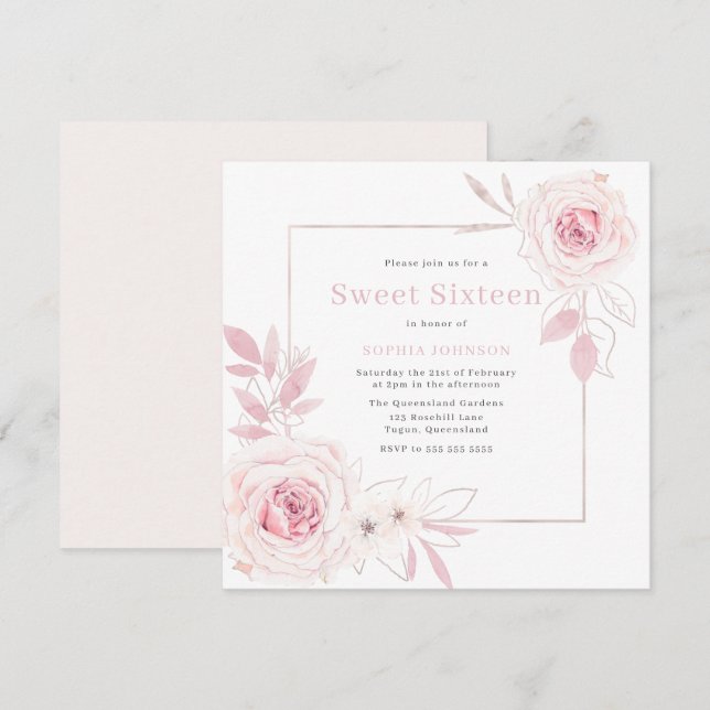 Invitation Elégant Blush Floral Wreath Frame Sweet 16 Seize (Devant / Derrière)