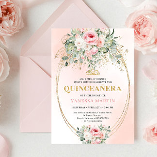 Invitation Elegant Blush & Gold Boho Quinceañera Floral Invit