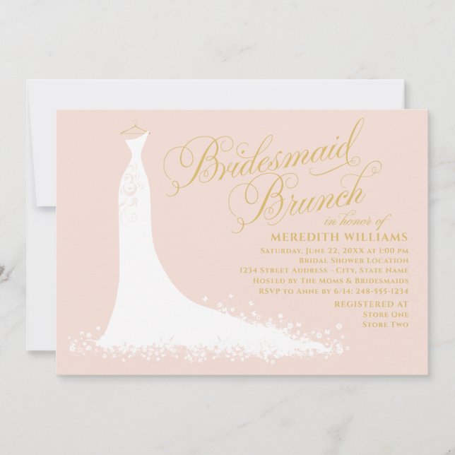 Invitation Élégant Blush Gold Mariage Gown Bridesmaid Brunch (Devant)