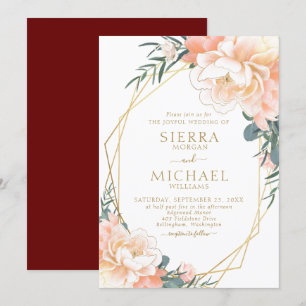 Invitation Élégant Blush Gold Peach Burgundy Floral Mariage