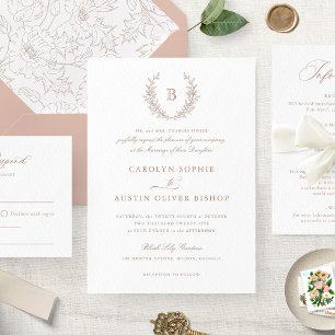 Invitation Élégant Blush Laurel Wreath Mariage Monogramme