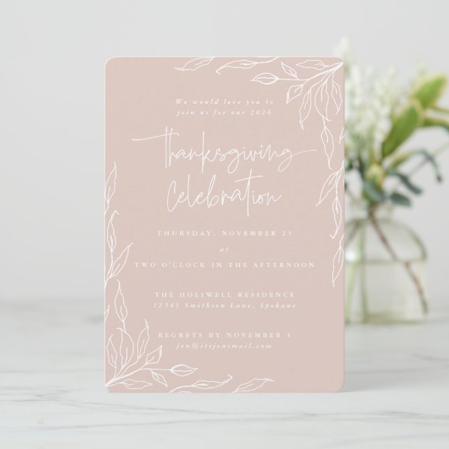 Invitation Elégant Blush Moderne Feuille Motif Thanksgiving (Debout devant)