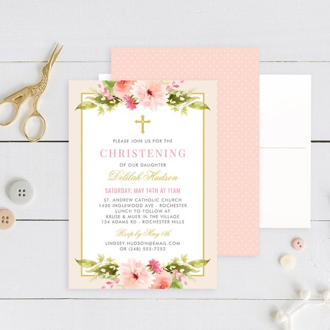 Invitation Elégant Blush or Floral Baby Girl Christening (Créateur téléchargé)
