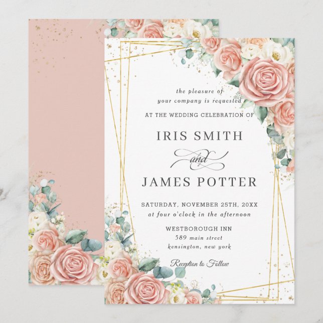 Invitation Élégant Blush Peach Ivory Floral Rose Mariage (Devant / Derrière)