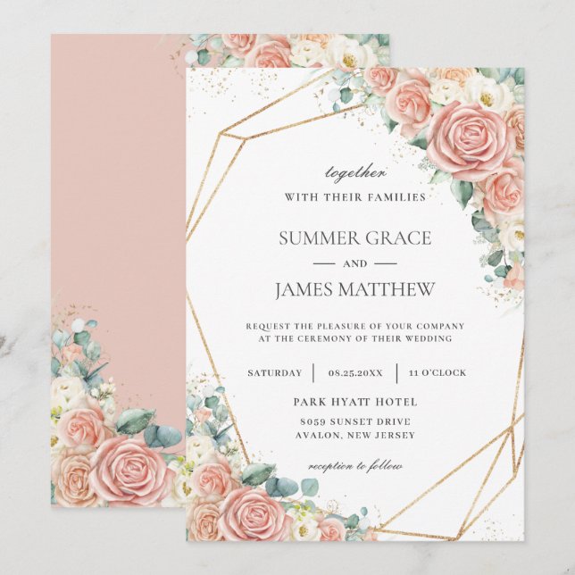 Invitation Élégant Blush Peach Ivory Floral Rose Mariage (Devant / Derrière)