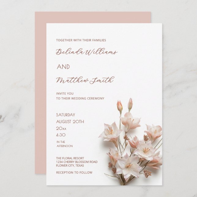 Invitation Elegant Blush Pink 3D Flowers  (Devant / Derrière)