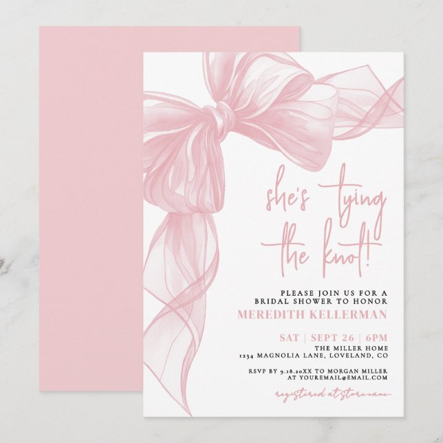 Invitation Elegant Blush Pink Bow Bridal Shower (Devant / Derrière)
